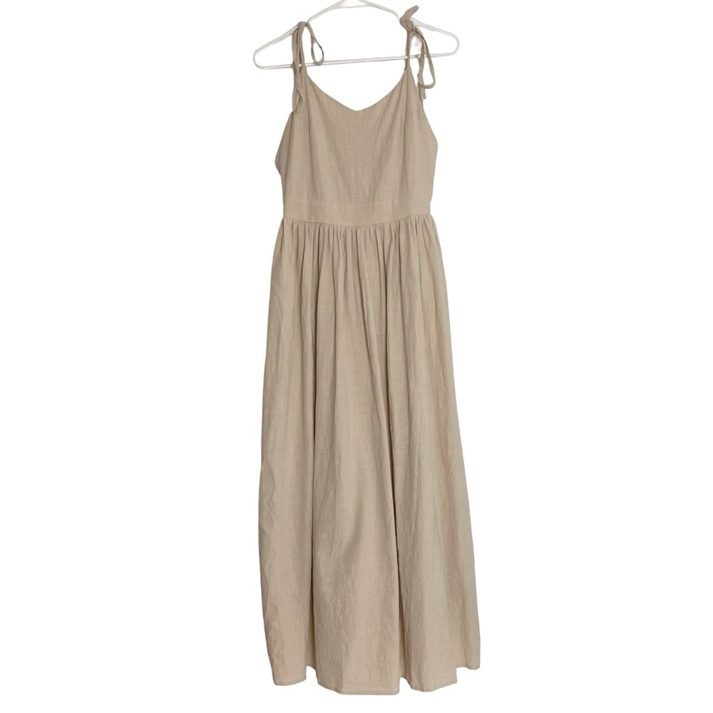 Commense Tie Shoulder Dress Women Size Small Beige Linen Midi Sleeveless Neutral